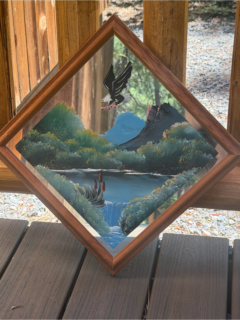 Framed Hand-Painted Mountain & Eagle Mirror Artwork - Green Blue Accents